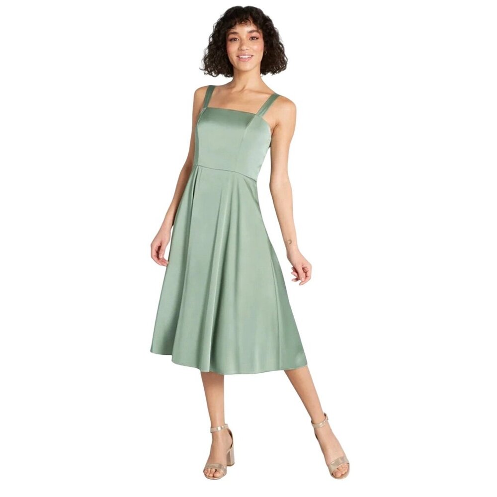 Hutch ModCloth Size 2 Tie-Back Midi Fit & Flare Green Satin Dress Lined Pockets